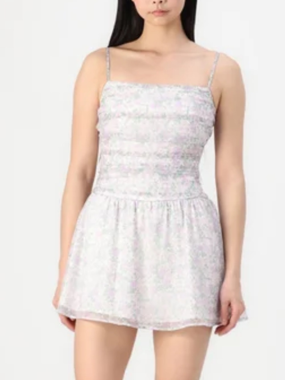 Hollister Short - Light Purple and Green Floral Smocked Mini Dress with Pockets